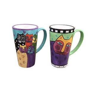 Vintage Henriksen Laurel Burch Cat Art Ceramic Tall Mugs Set of 2 Quirky 90s